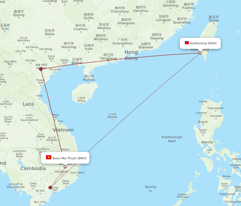 Buon Ma Thout - Kaohsiung route map and flight paths