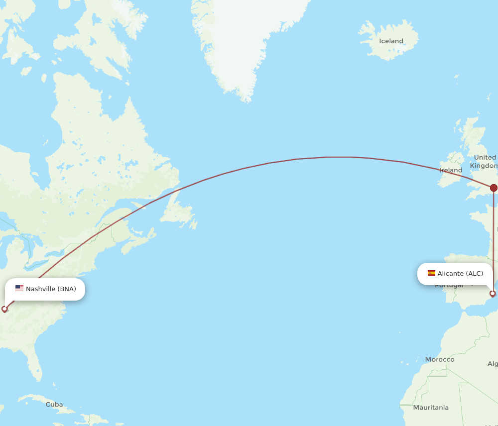 Alicante - Nashville route map and flight paths