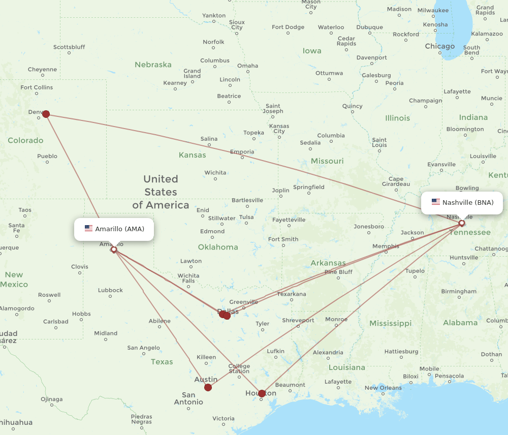 BNA to AMA flights and routes map