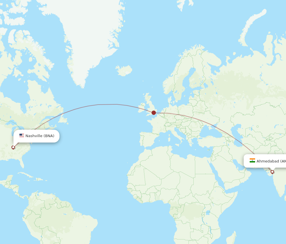 Nashville - Ahmedabad route map and flight paths