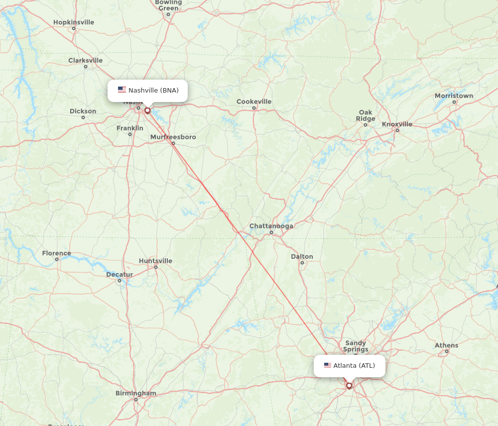 Nashville - Atlanta route map and flight paths