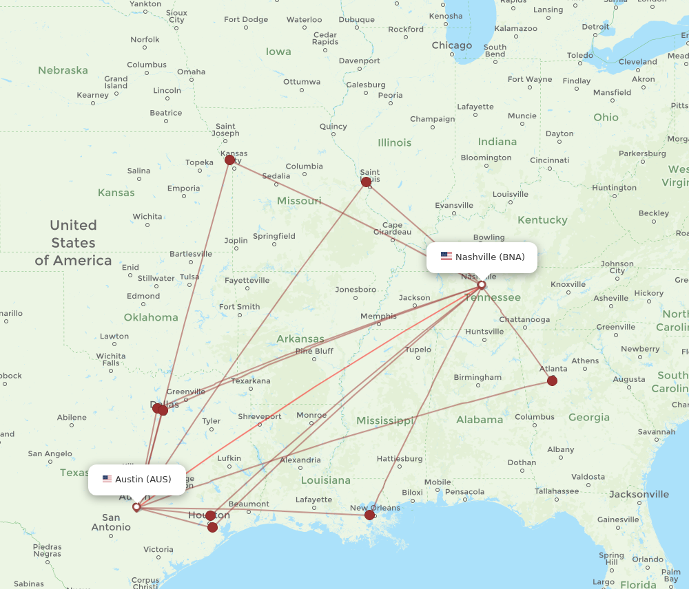 BNA to AUS flights and routes map