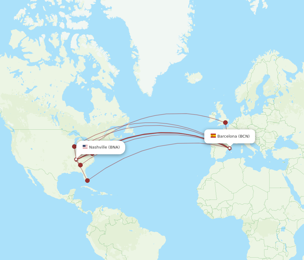 BNA to BCN flights and routes map