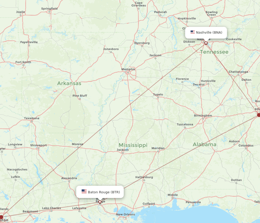 BNA to BTR flights and routes map