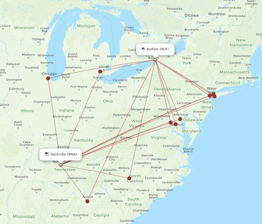 BNA-BUF flight routes