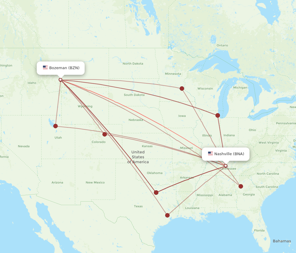 BNA to BZN flights and routes map