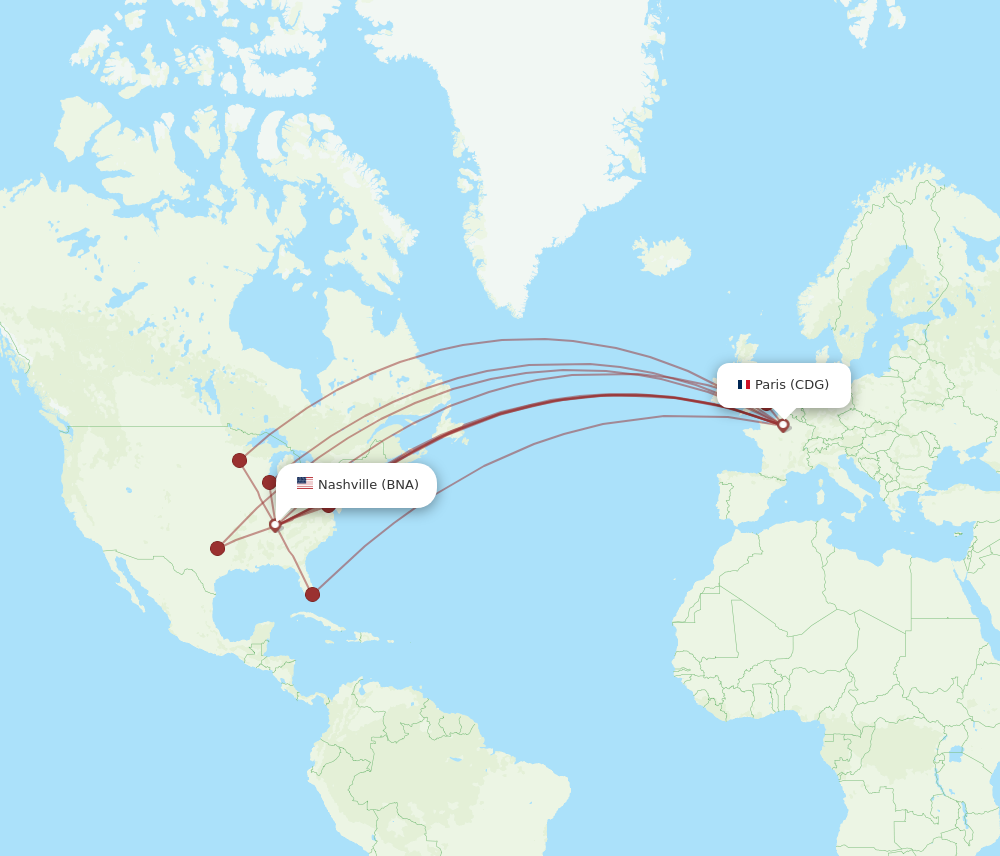 BNA to CDG flights and routes map