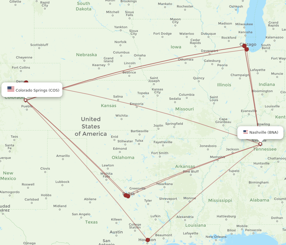BNA to COS flights and routes map