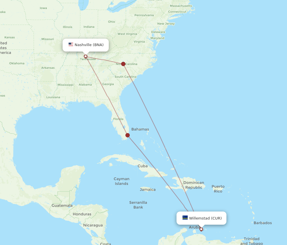 BNA-CUR flight routes