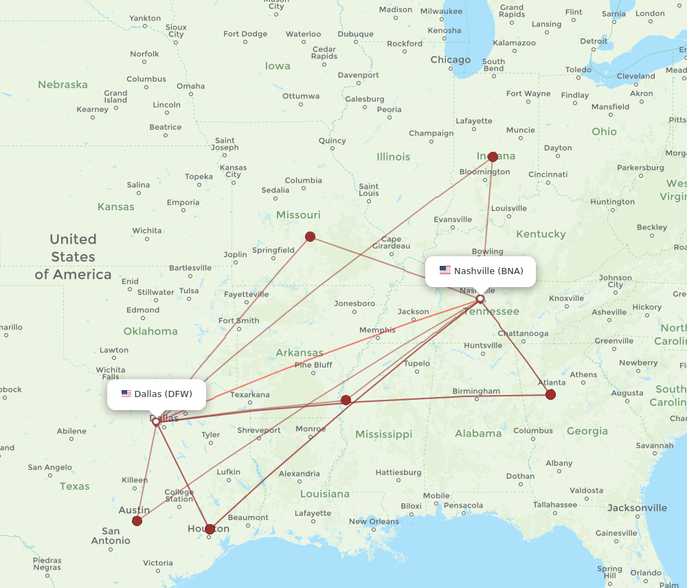 BNA to DFW flights and routes map