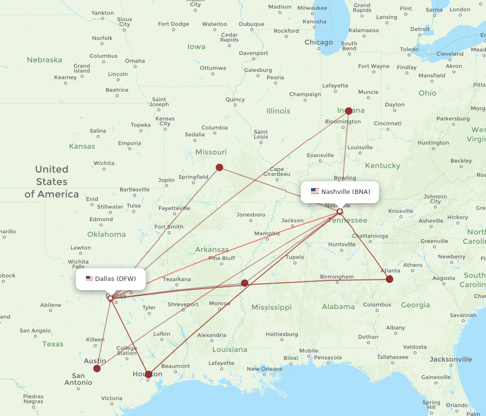 BNA-DFW flight routes