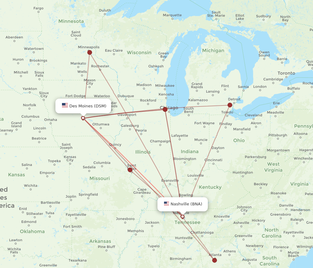 BNA to DSM flights and routes map