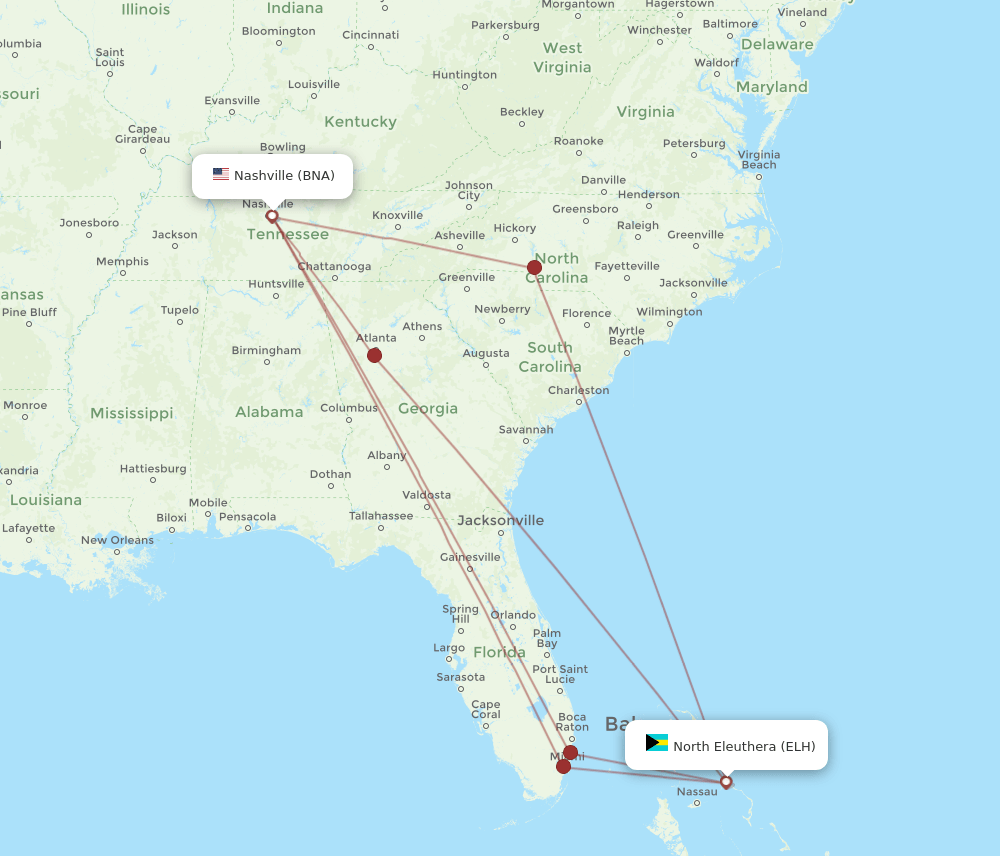 BNA to ELH flights and routes map
