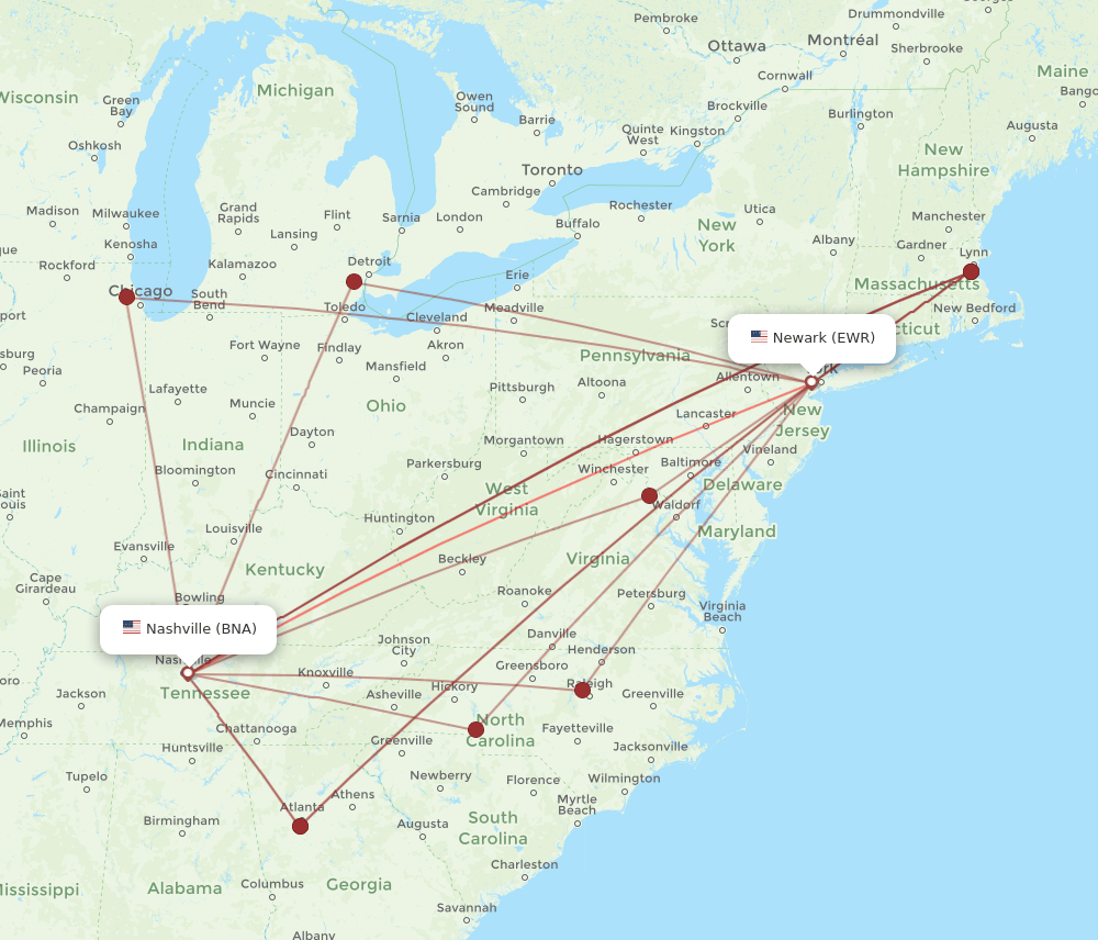 BNA-EWR flight routes
