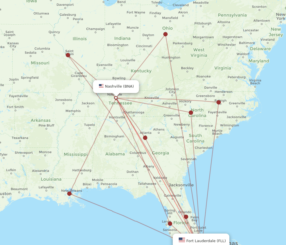 BNA to FLL flights and routes map