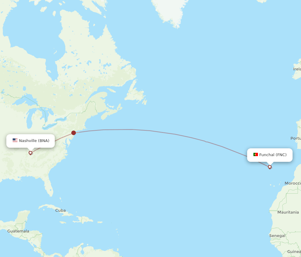 Funchal - Nashville route map and flight paths