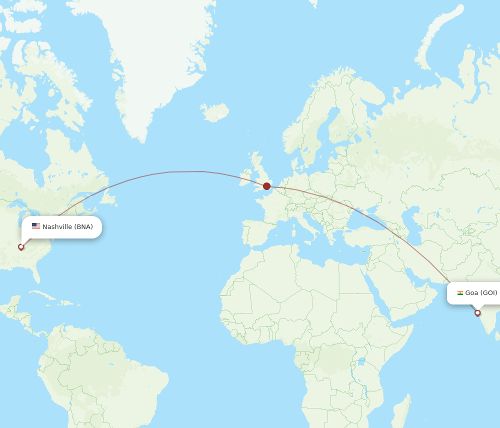 BNA to GOI flights and routes map