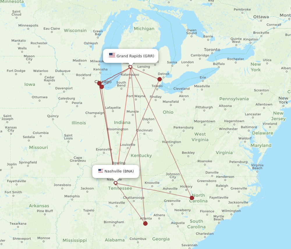 BNA to GRR flights and routes map