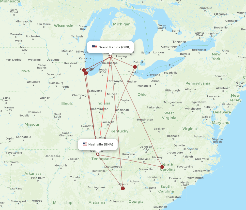 BNA to GRR flights and routes map