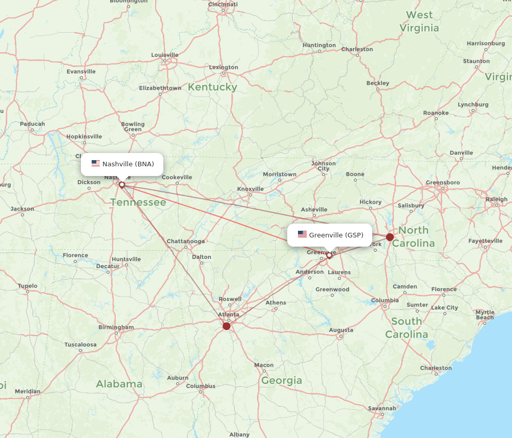 BNA to GSP flights and routes map