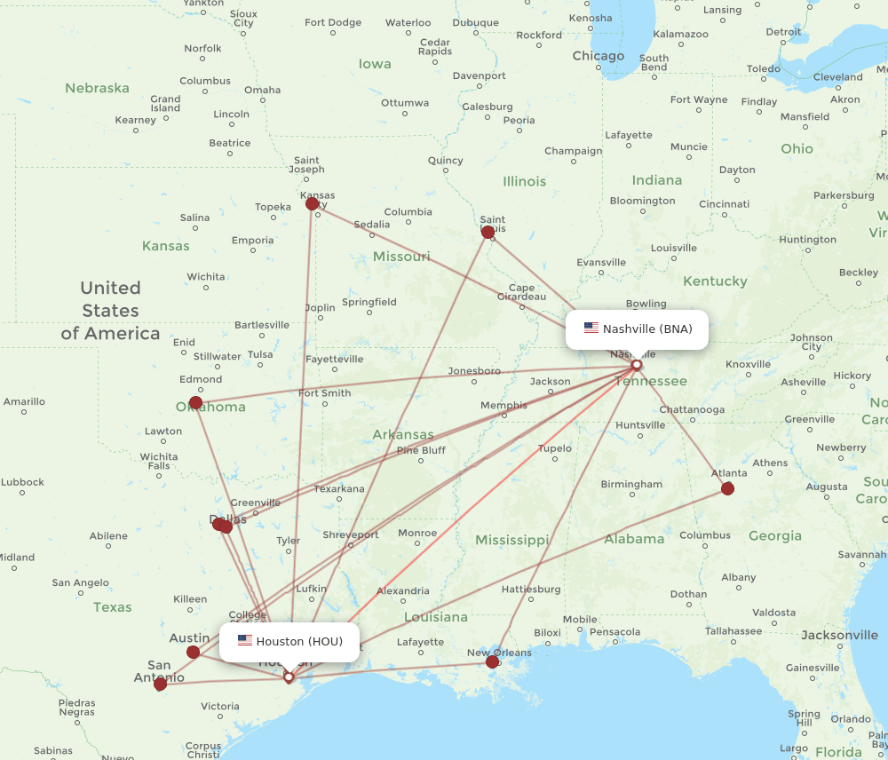 BNA-HOU flight routes