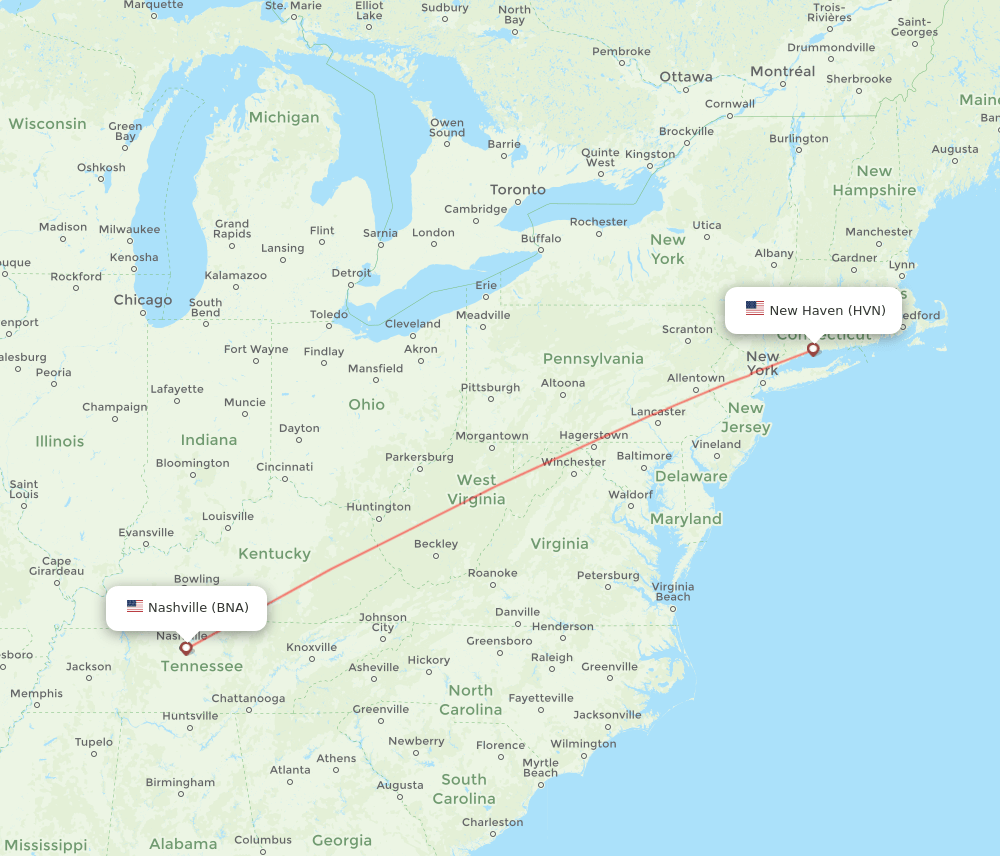 Nashville - New Haven route map and flight paths