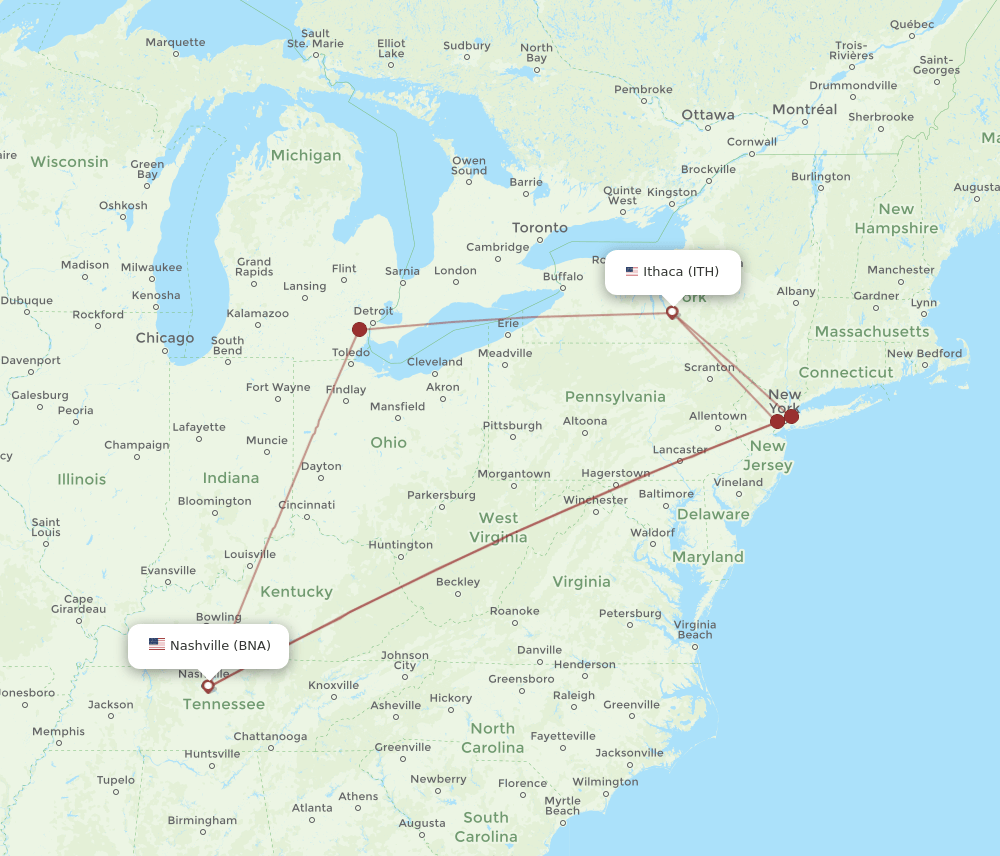 BNA-ITH flight routes