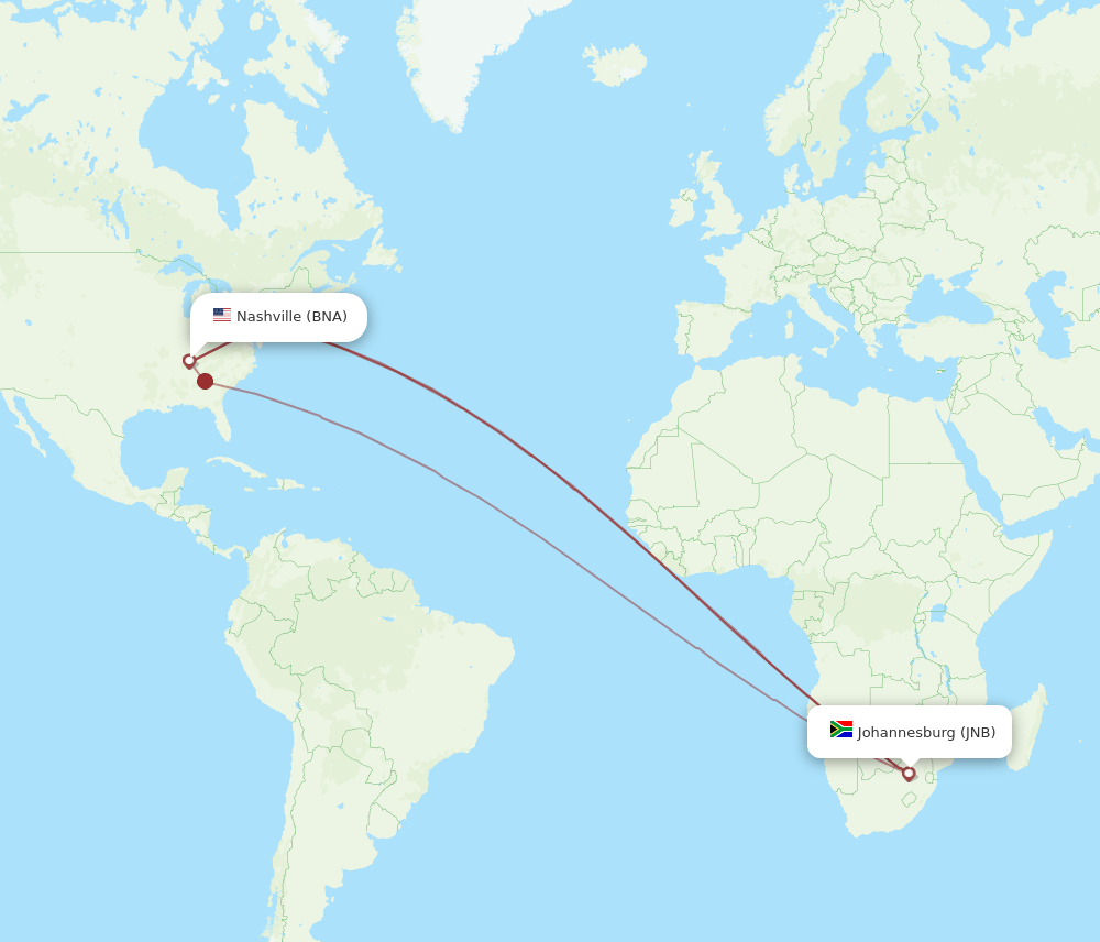 BNA to JNB flights and routes map