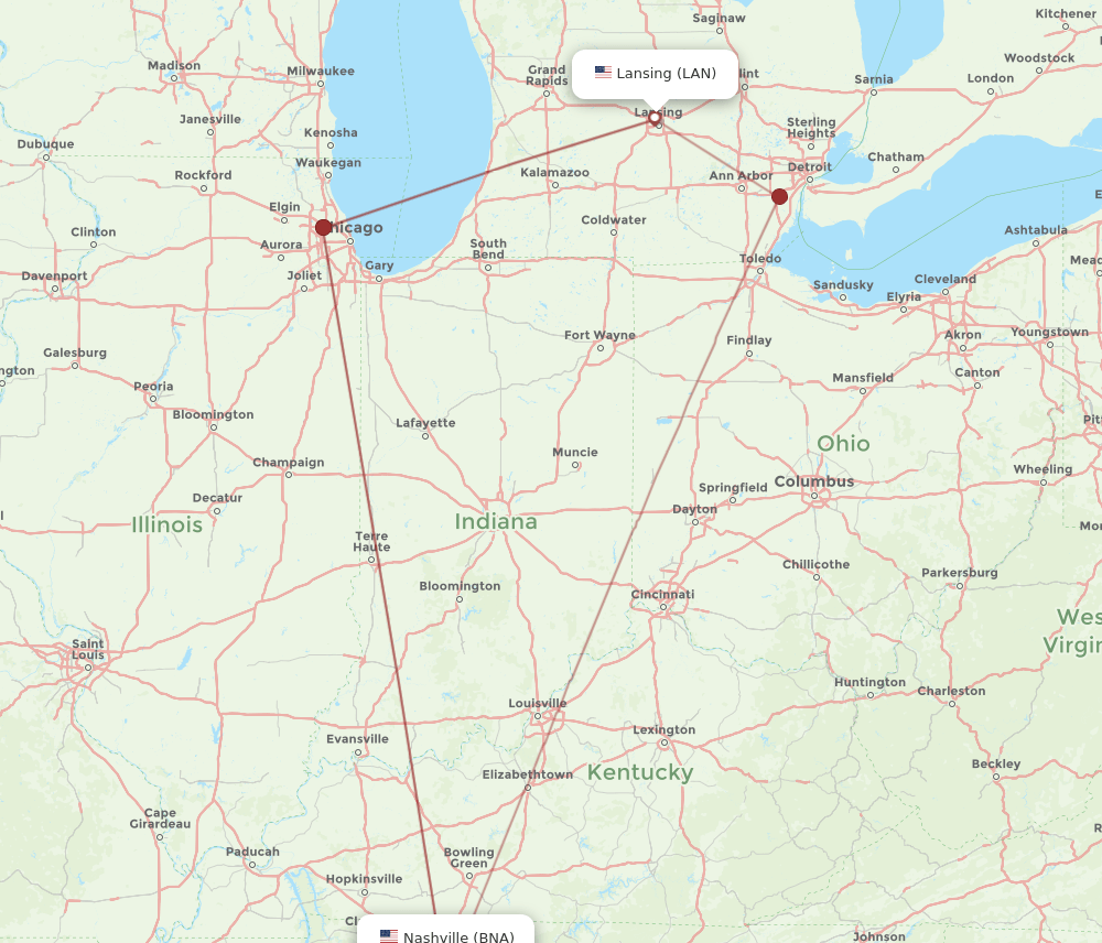 BNA to LAN flights and routes map
