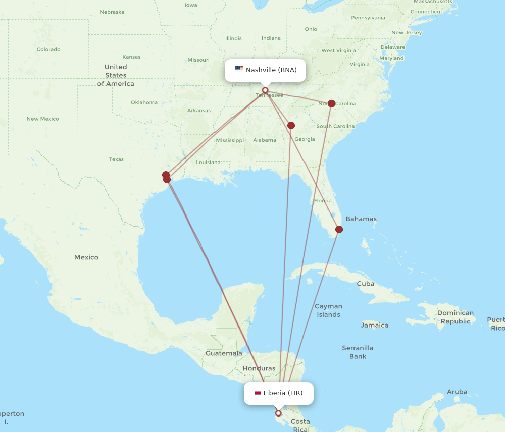 BNA to LIR flights and routes map
