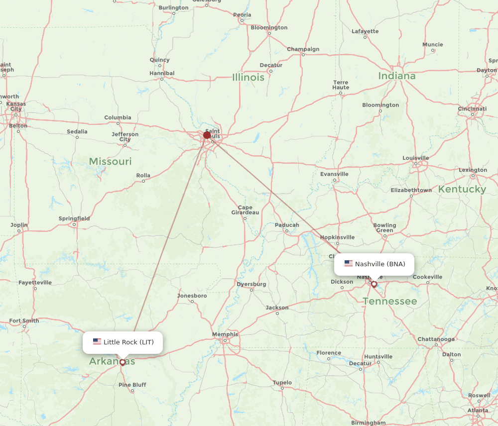 BNA to LIT flights and routes map