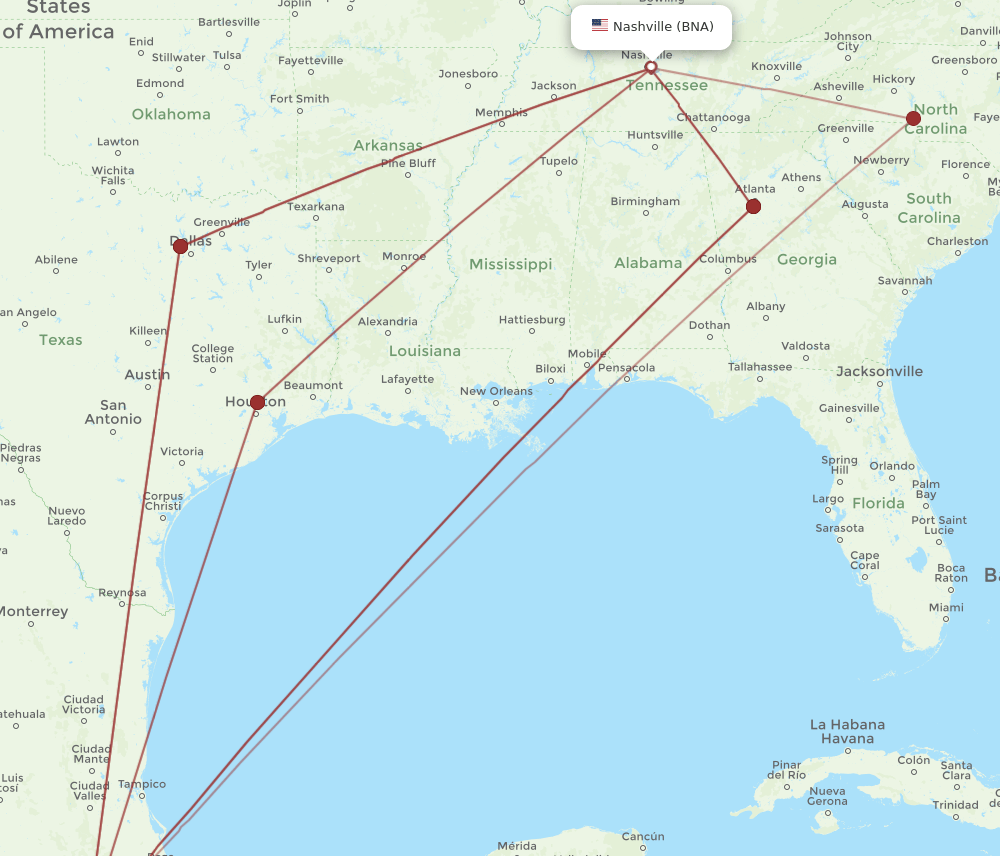 BNA-MEX flight routes
