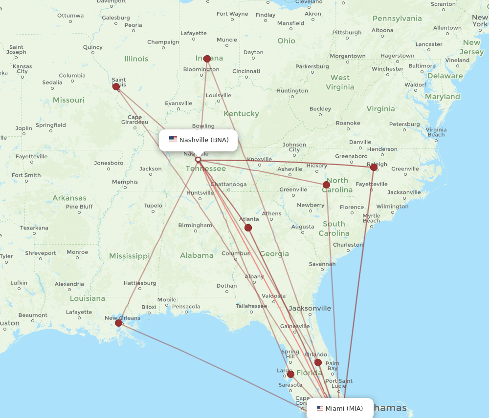 BNA to MIA flights and routes map