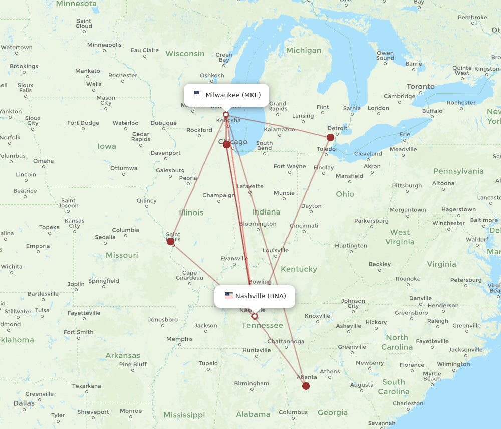 BNA-MKE flight routes