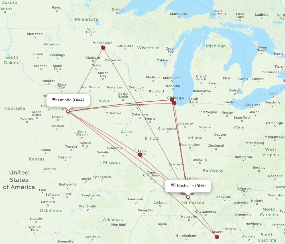 BNA to OMA flights and routes map