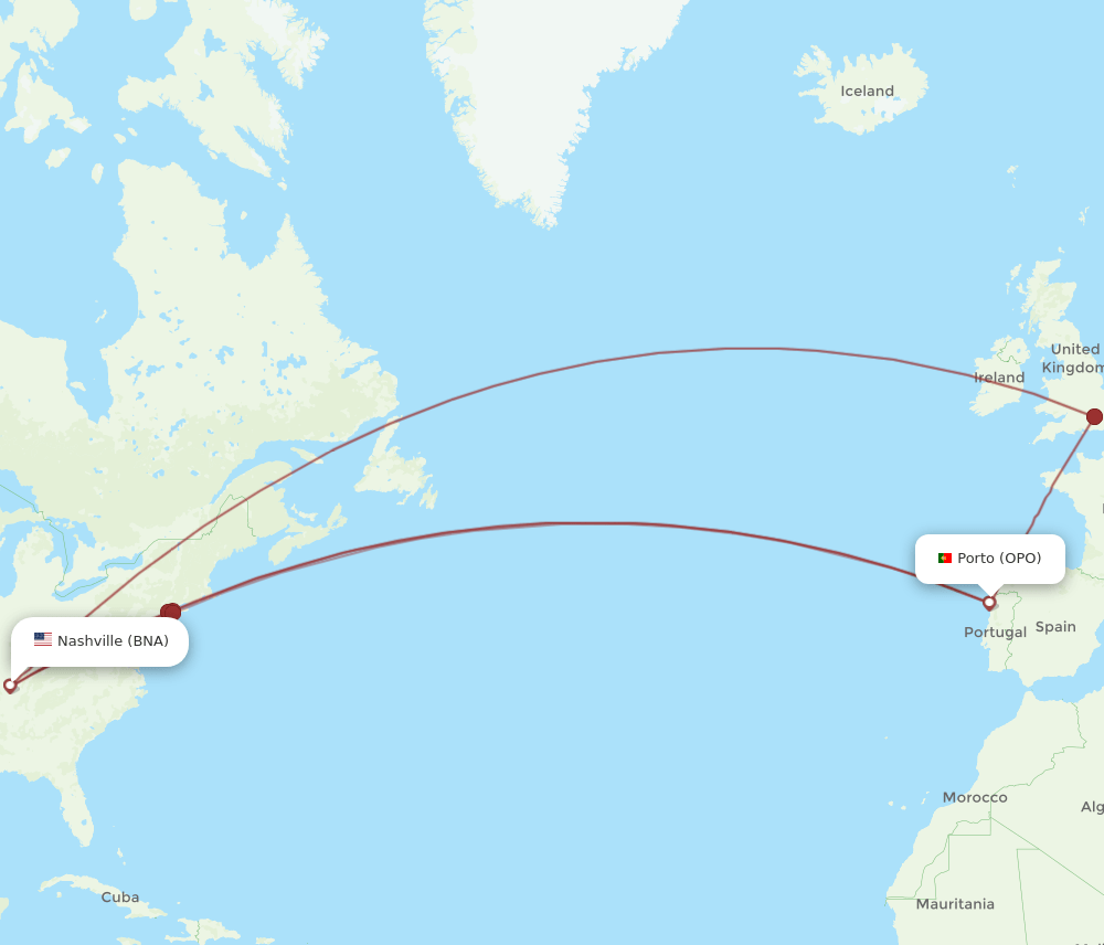 BNA-OPO flight routes