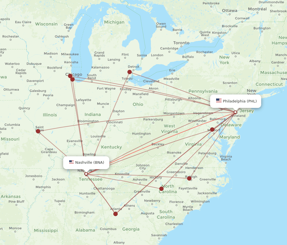 BNA-PHL flight routes