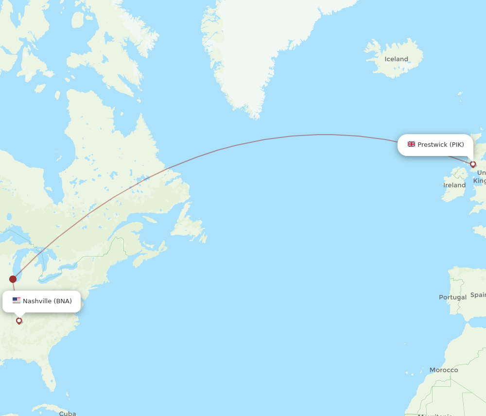 Nashville - Glasgow route map and flight paths