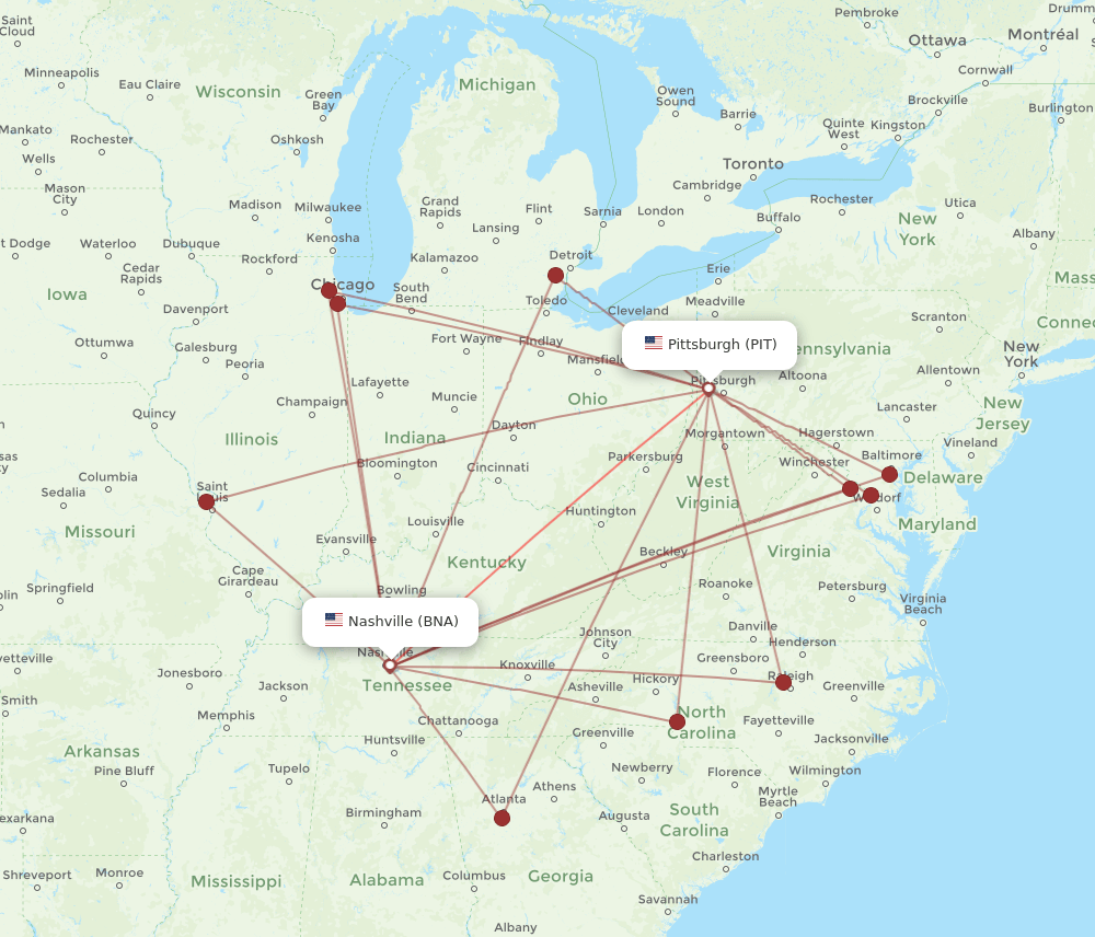 BNA-PIT flight routes