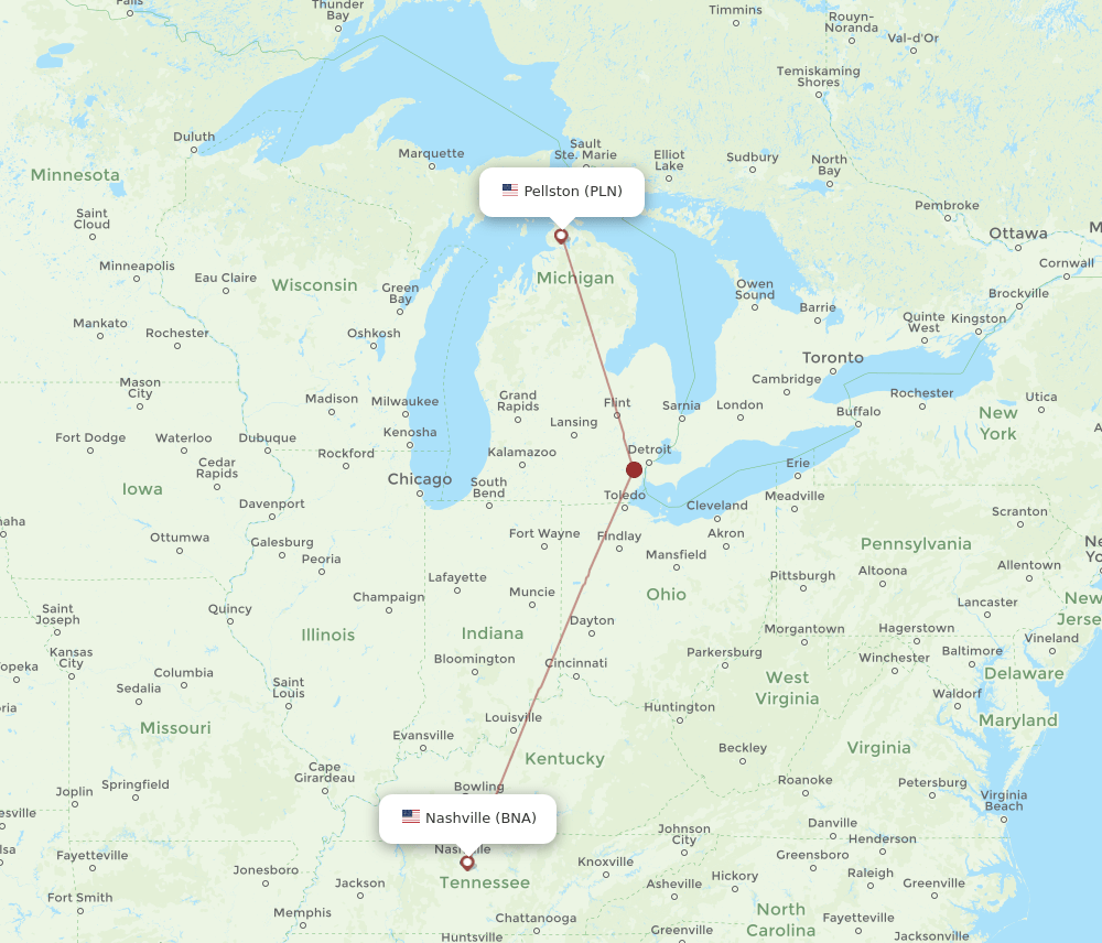 BNA to PLN flights and routes map