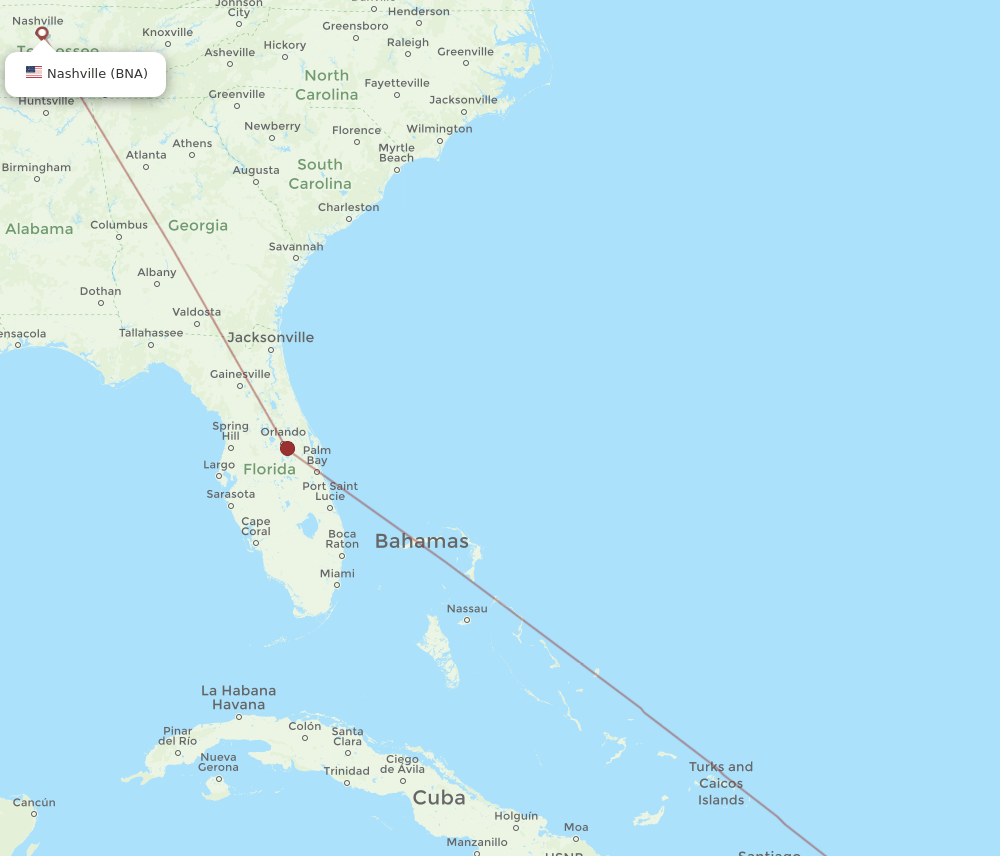 Nashville - Ponce route map and flight paths