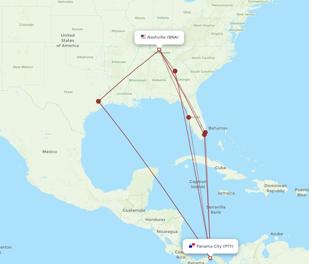 BNA to PTY flights and routes map