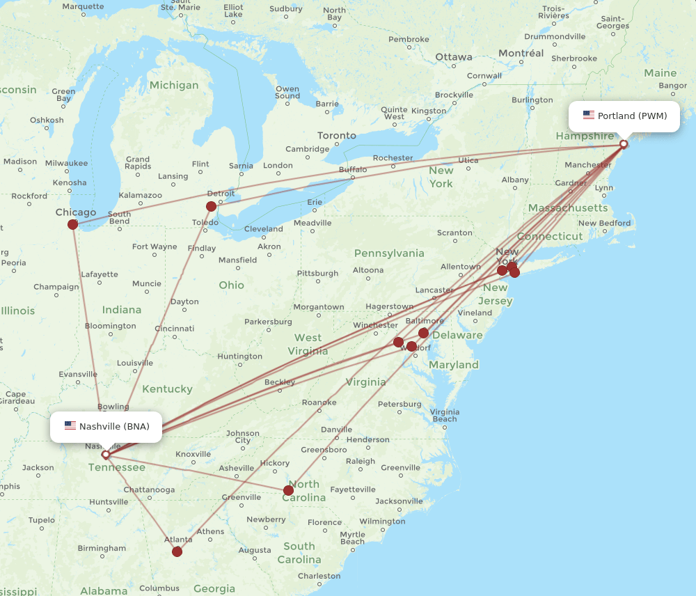 BNA-PWM flight routes