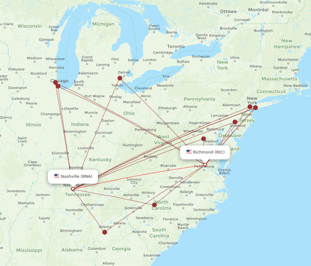 BNA to RIC flights and routes map