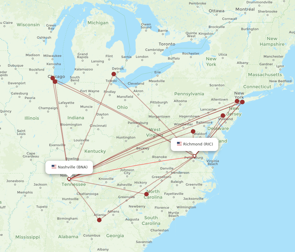 BNA-RIC flight routes