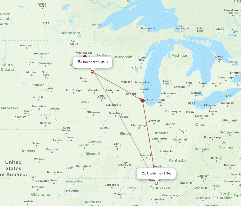 BNA-RST flight routes