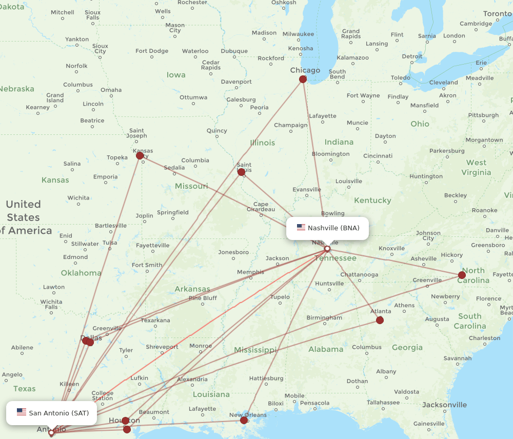BNA-SAT flight routes