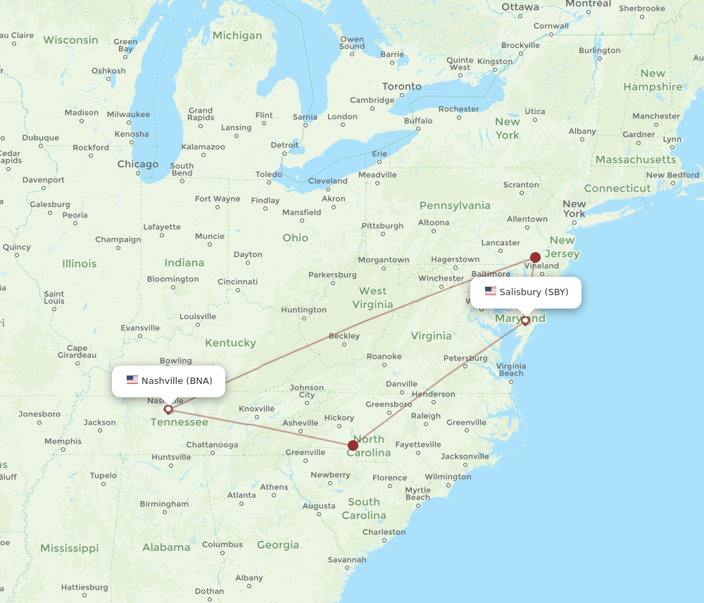 BNA-SBY flight routes