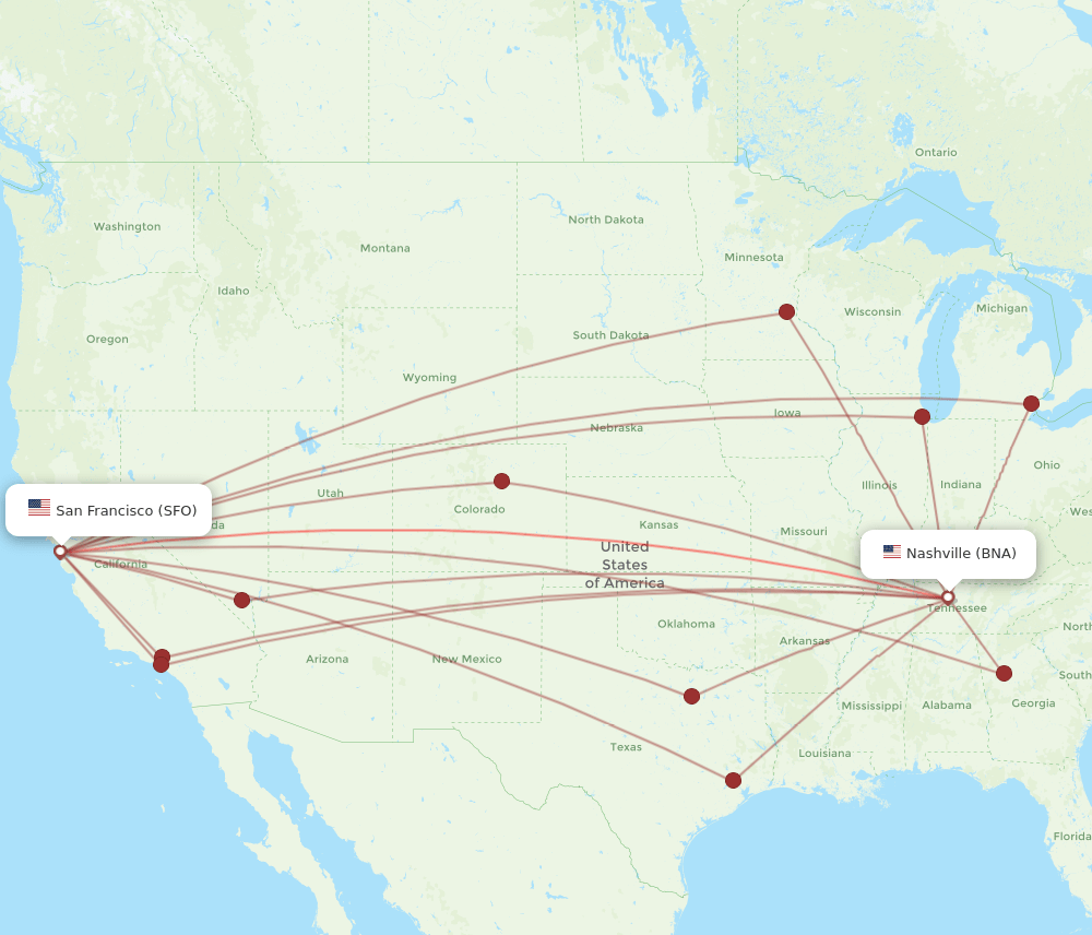BNA to SFO flights and routes map