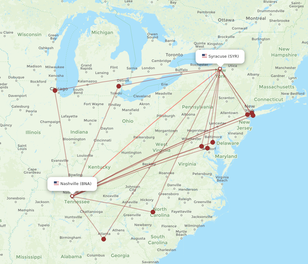 BNA to SYR flights and routes map